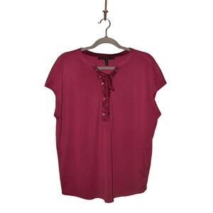 WHITE HOUSE BLACK MARKET $78 Sandwash Short Sleeve Lace Up Tee Fuchsia‎ Medium